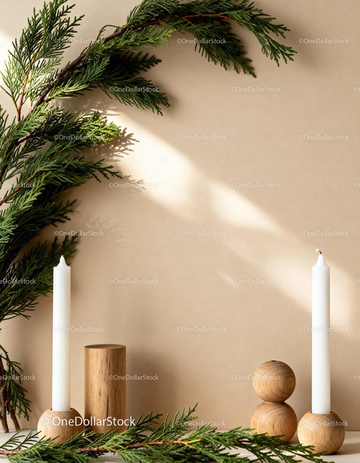 Minimalist Wooden Candle Holders with Greenery Decor