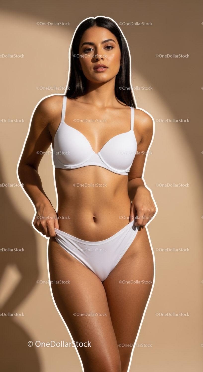 Elegant Woman in White Lingerie Standing Studio Portrait