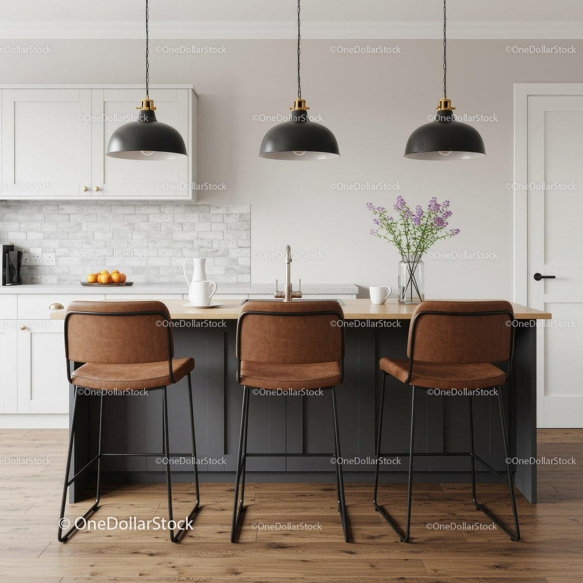 Contemporary Kitchen with Wooden Bar Stools and Black Pendant Lights