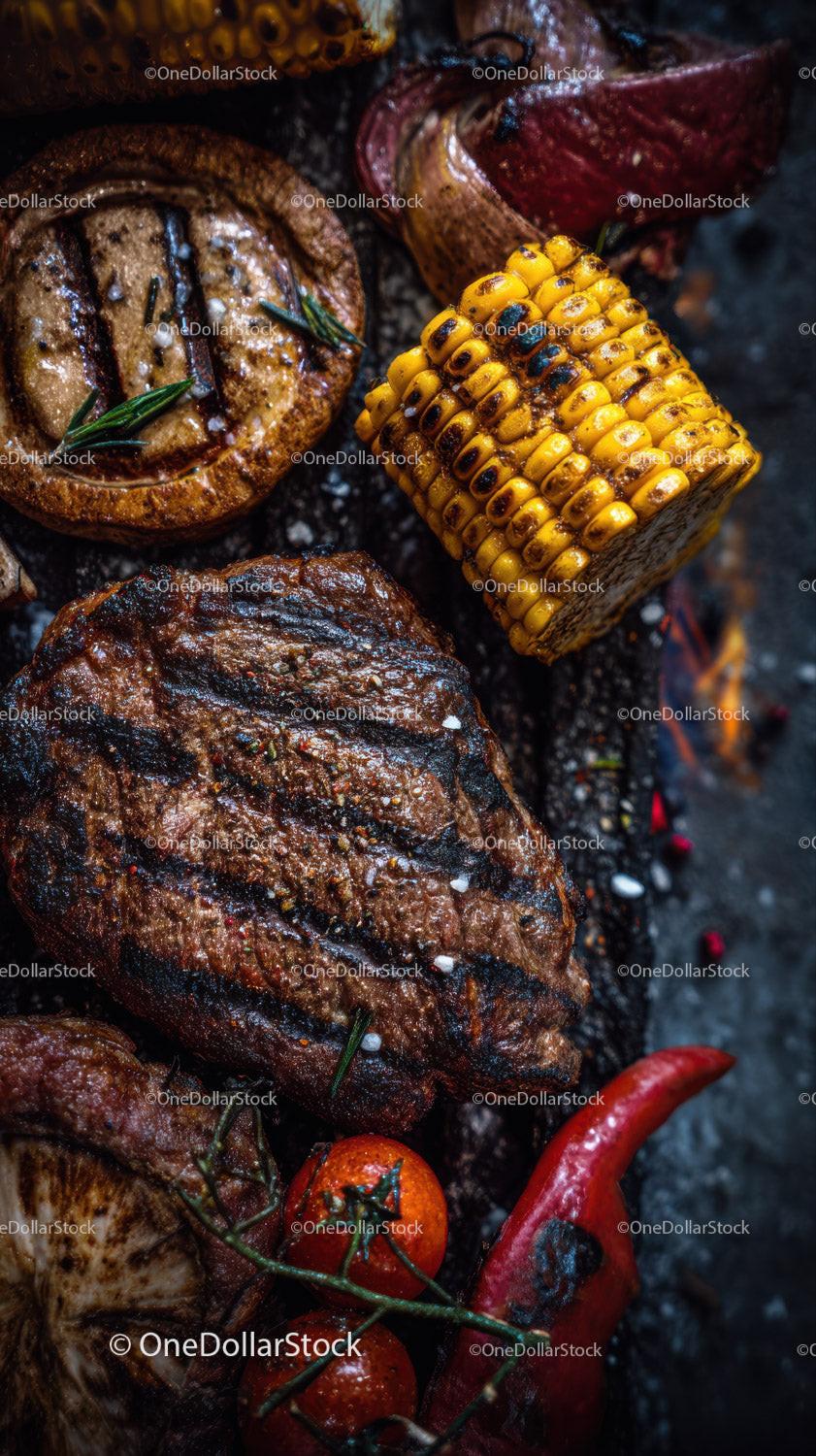 Assorted Grilled Meat with Corn Tomatoes and Chili for Barbecue
