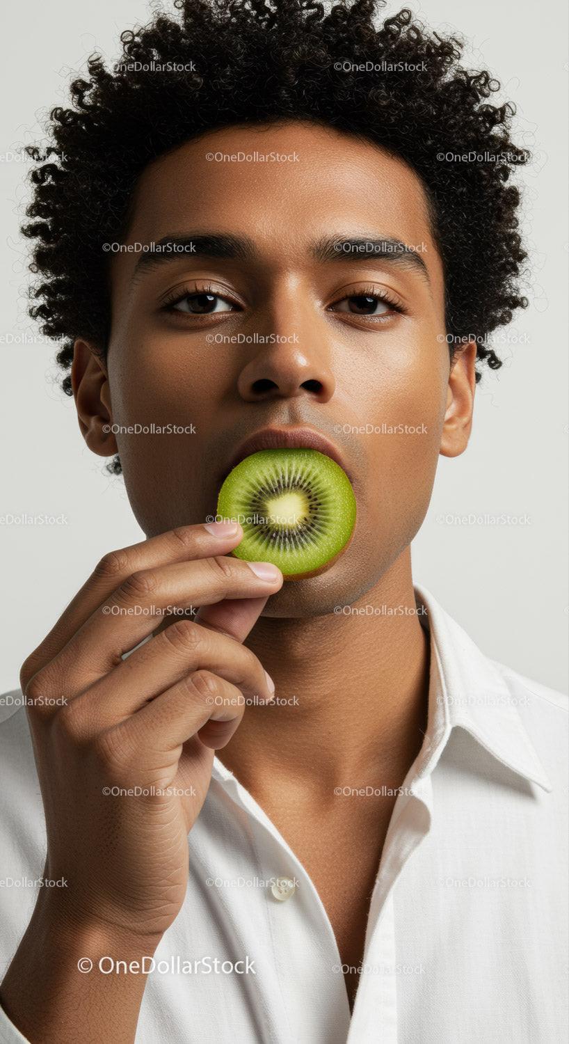 Portrait of a Young Woman with Kiwi Fruit and Natural Expression
