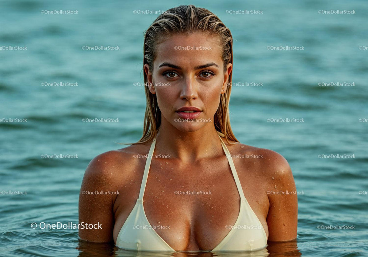Elegant Woman in Swimsuit Standing by Ocean on Sunny Day Stock Photo Bundle preview 6