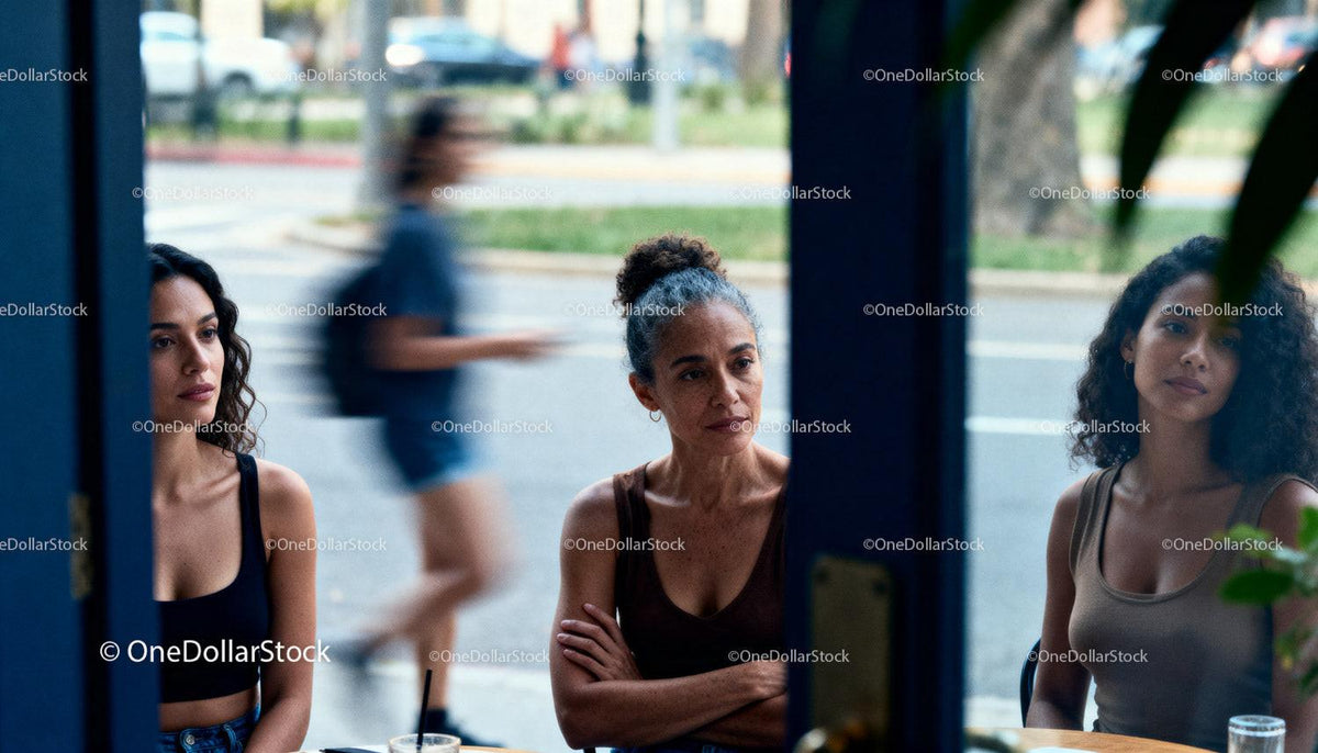 Three thoughtful women sitting in cafe by window