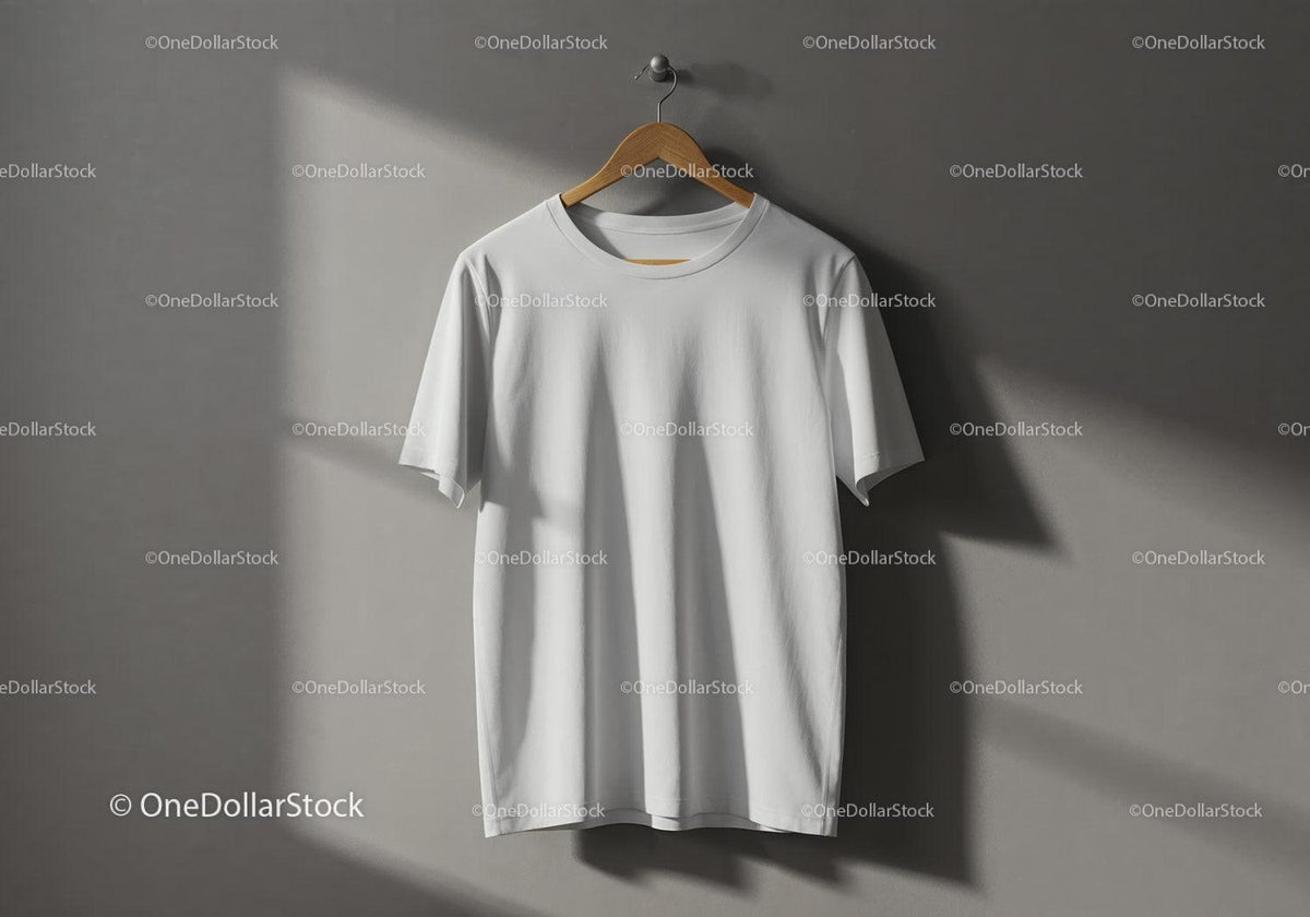 Minimalist White T-Shirt Hanging on Wooden Hanger JPG Mockup Image preview
