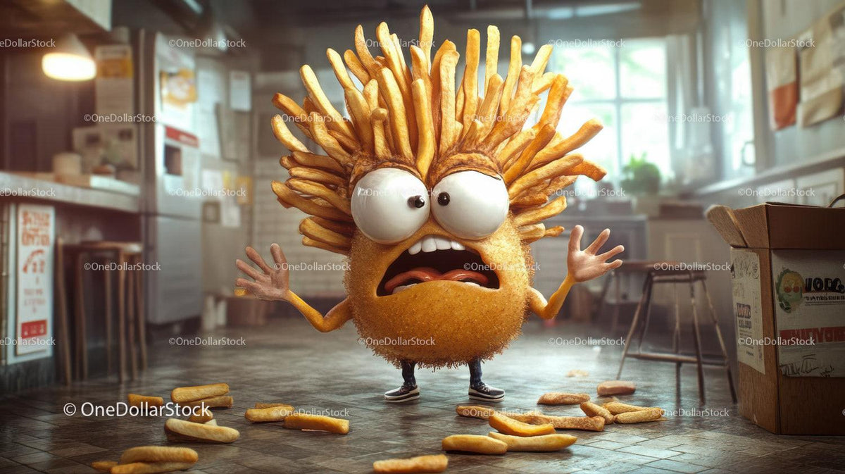Cartoon breaded potato character with french fries hair standing in a kitchen interior