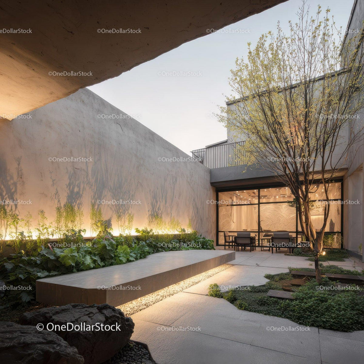 Modern Courtyard with Greenery and Stylish Outdoor Seating