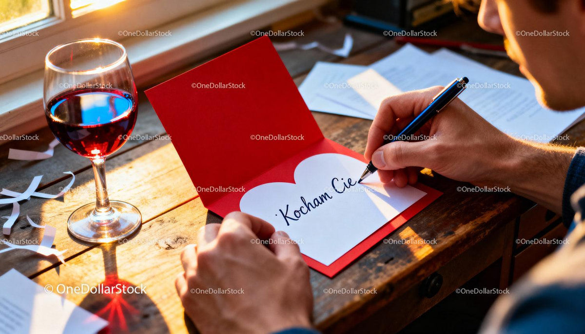 Man Writing Love Message in Valentine Card by Window Light