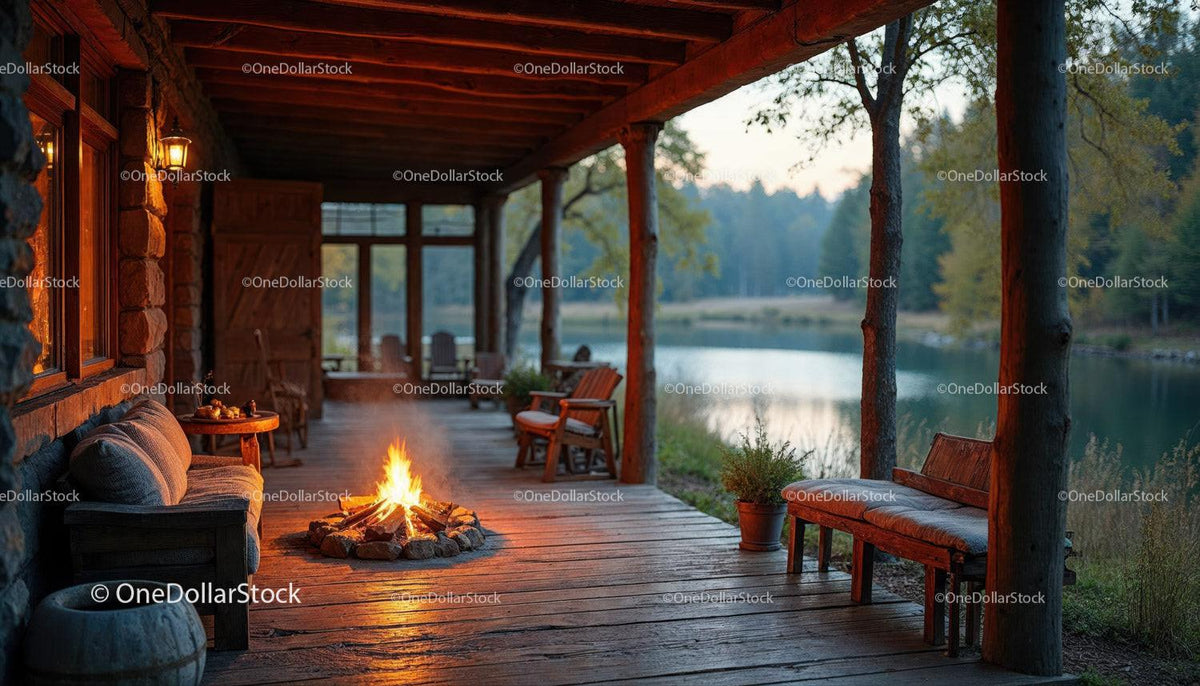 Lakeside Rustic Cabin Porch with Firepit and Scenic Water View