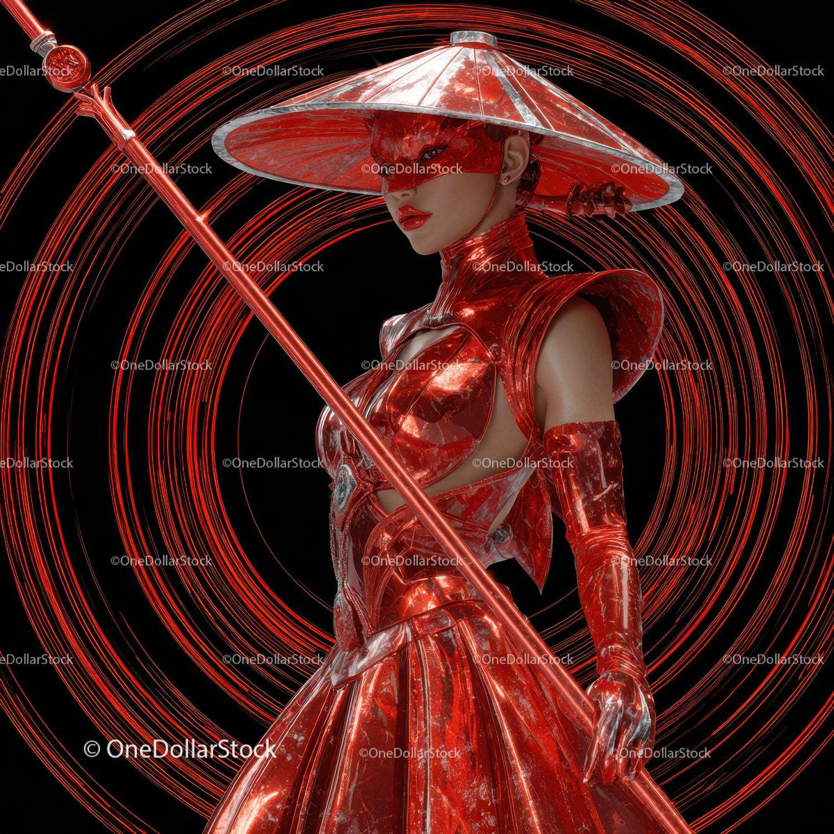 Futuristic Samurai in Neon Red Armor Holding Umbrella Stock Photo Bundle preview 5