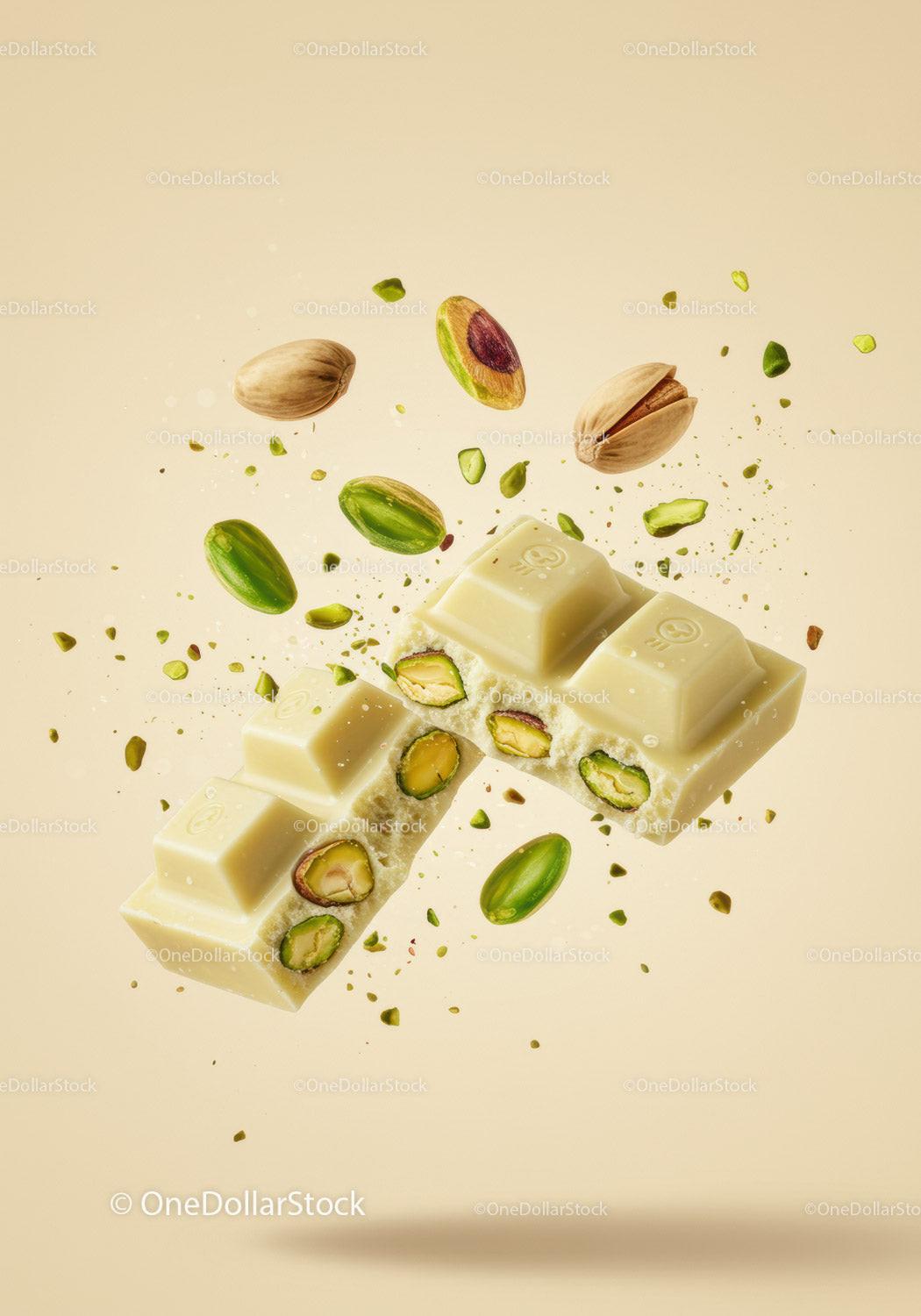 Close up of white chocolate with pistachio nuts falling