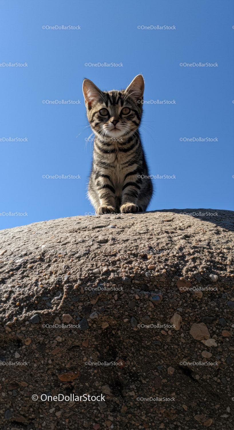 Curious tabby kitten perched on a rocky surface outdoors