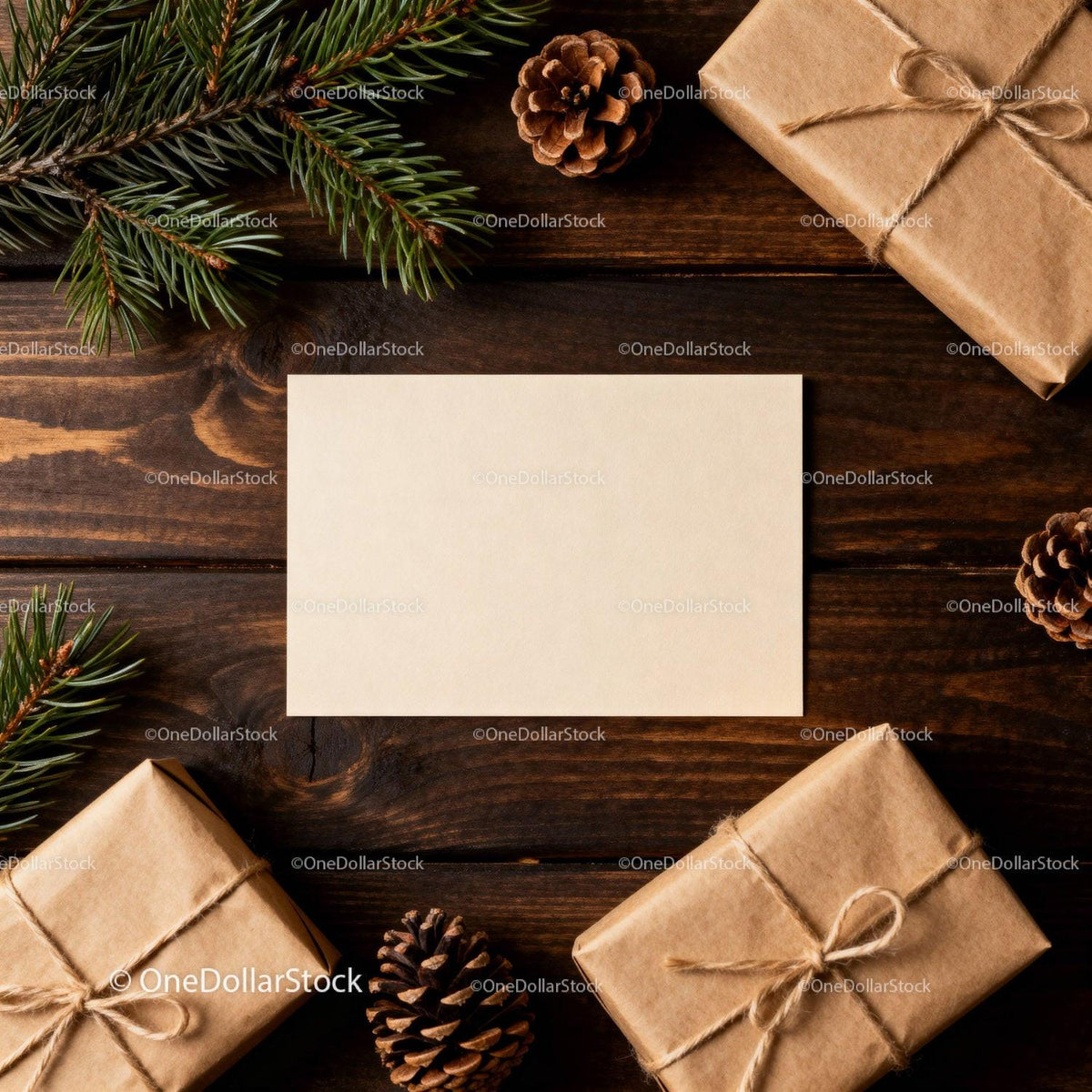 Blank Card on Rustic Wooden Table with Wrapped Gifts JPG Mockup Image preview