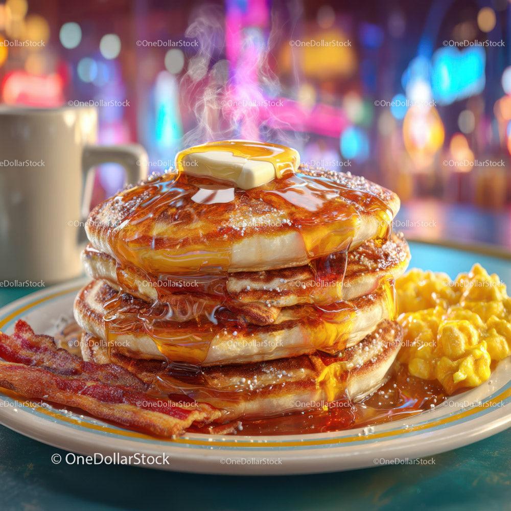 Stack of Fluffy Pancakes with Syrup and Bacon for Breakfast or Brunch Stock Photo Bundle preview 7