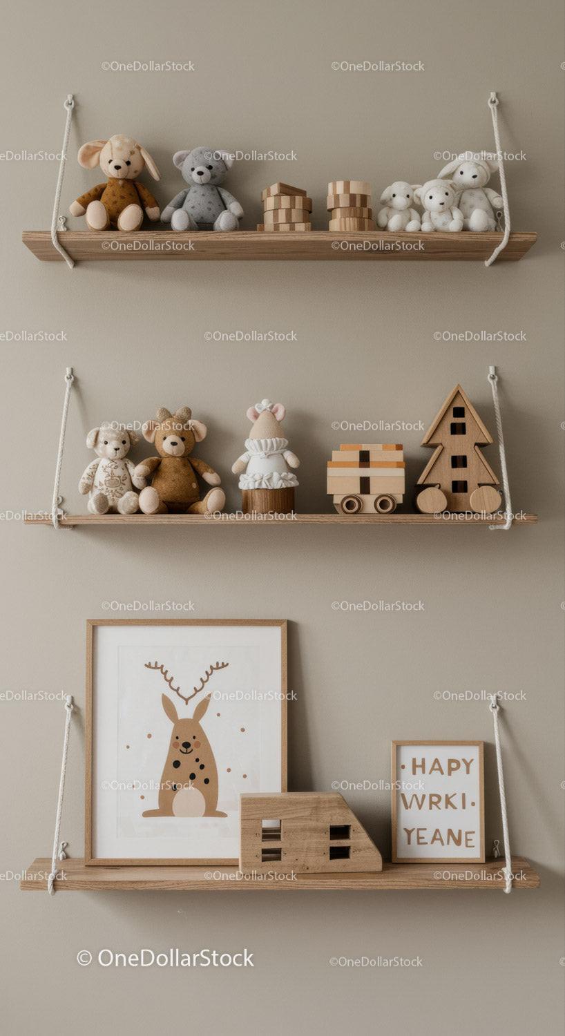 Wooden Nursery Shelf with Felt Teddy Bears and Wooden Blocks for Kids Room