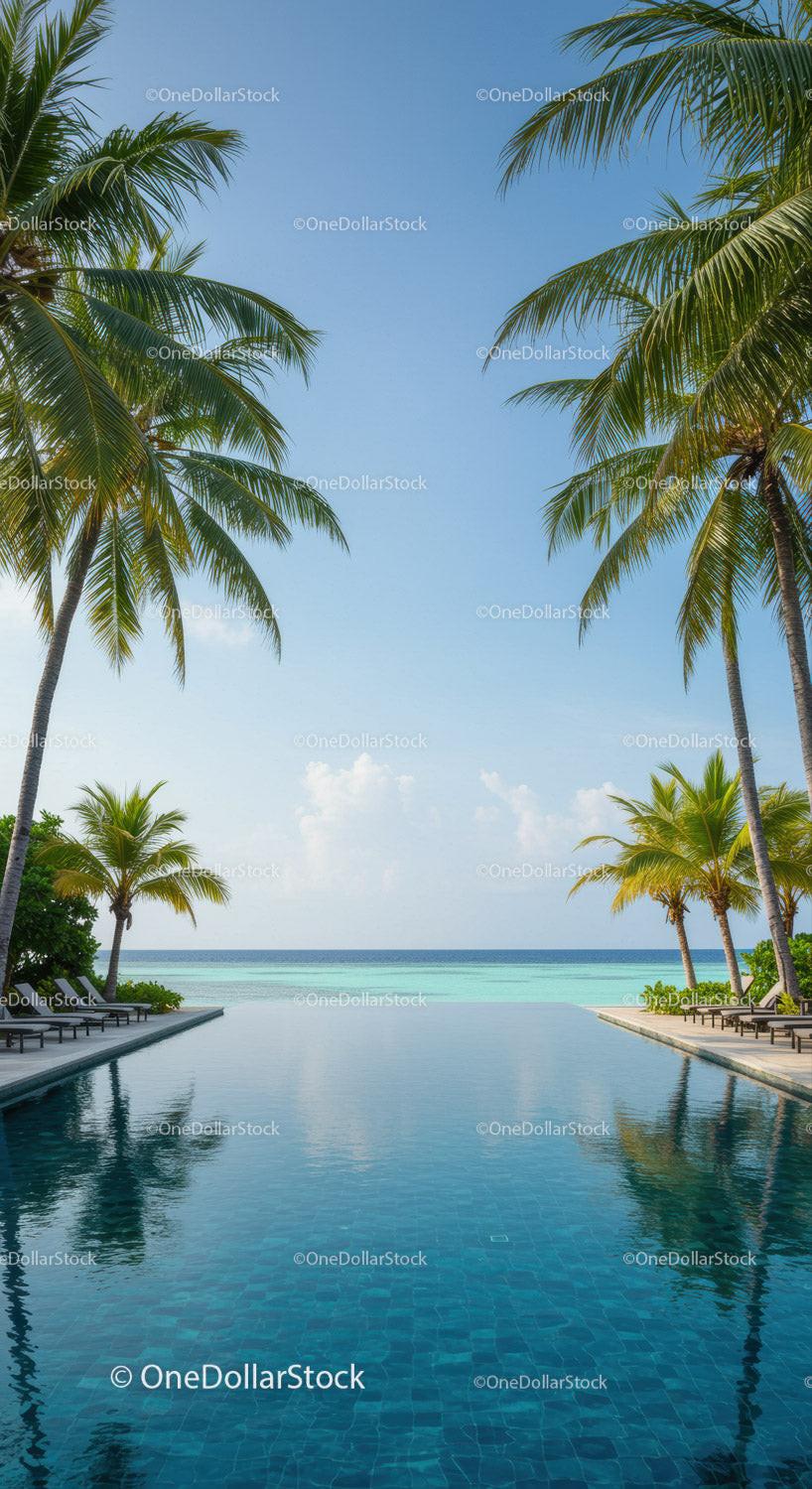 Scenic Tropical Beach with Infinity Pool and Palm Trees in Sunny Weather