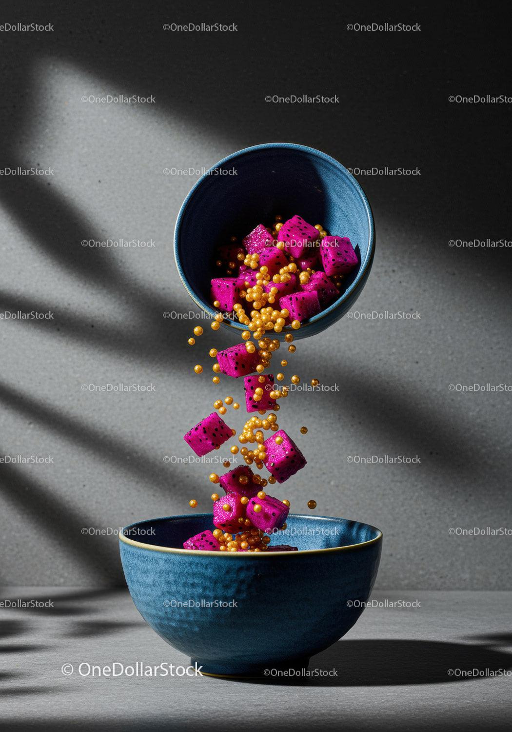 Fresh Dragon Fruit Cubes with Golden Caviar Falling into Bowl