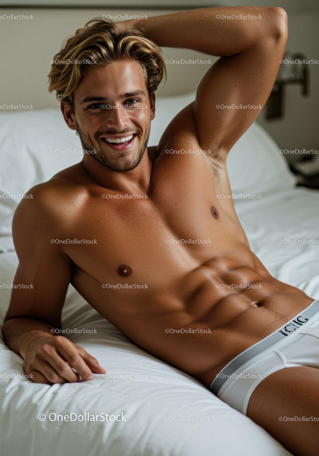 Smiling athletic man relaxing on white bed in underwear