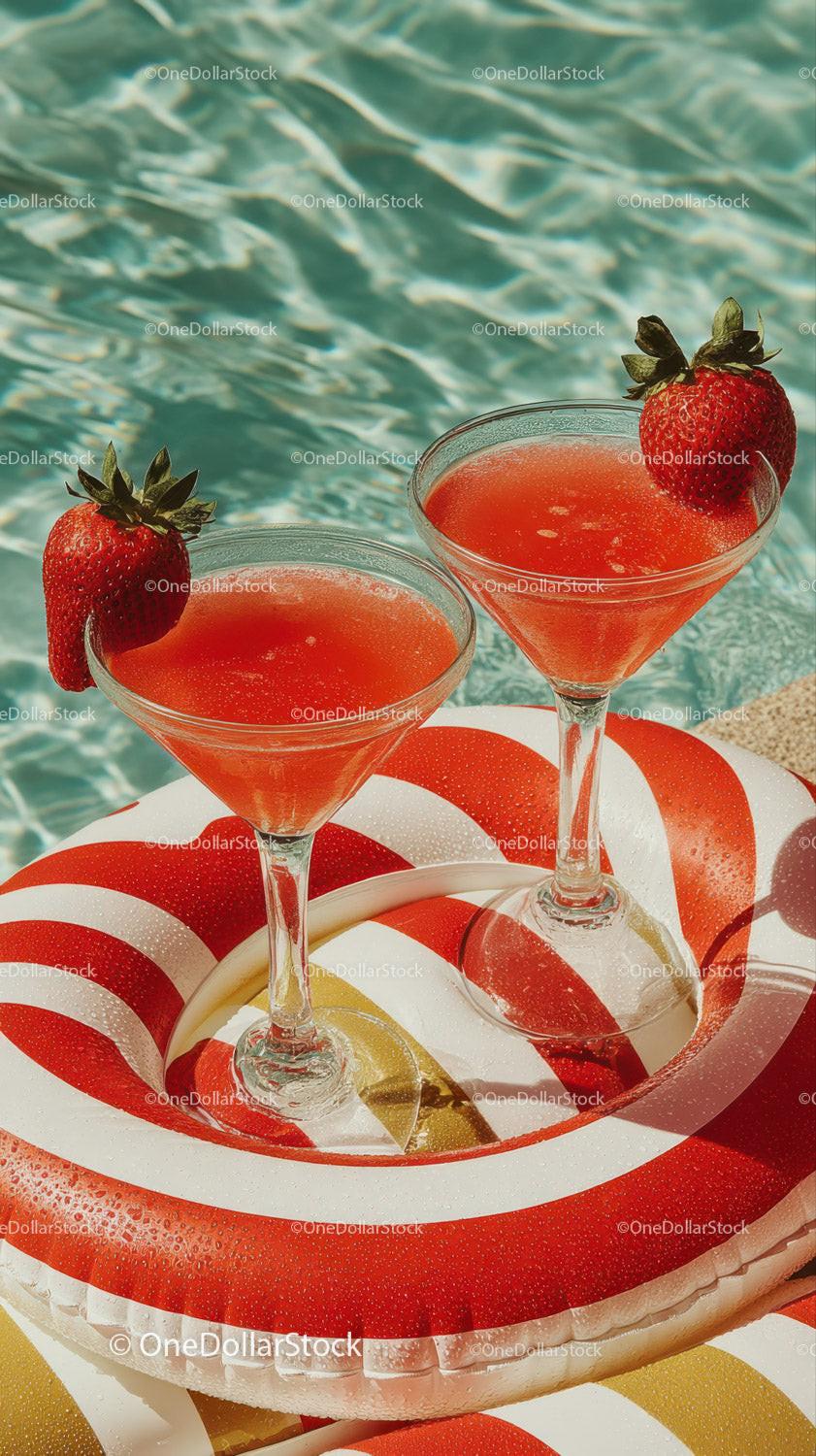 Strawberry Daiquiri with Fresh Fruit Garnish by Pool
