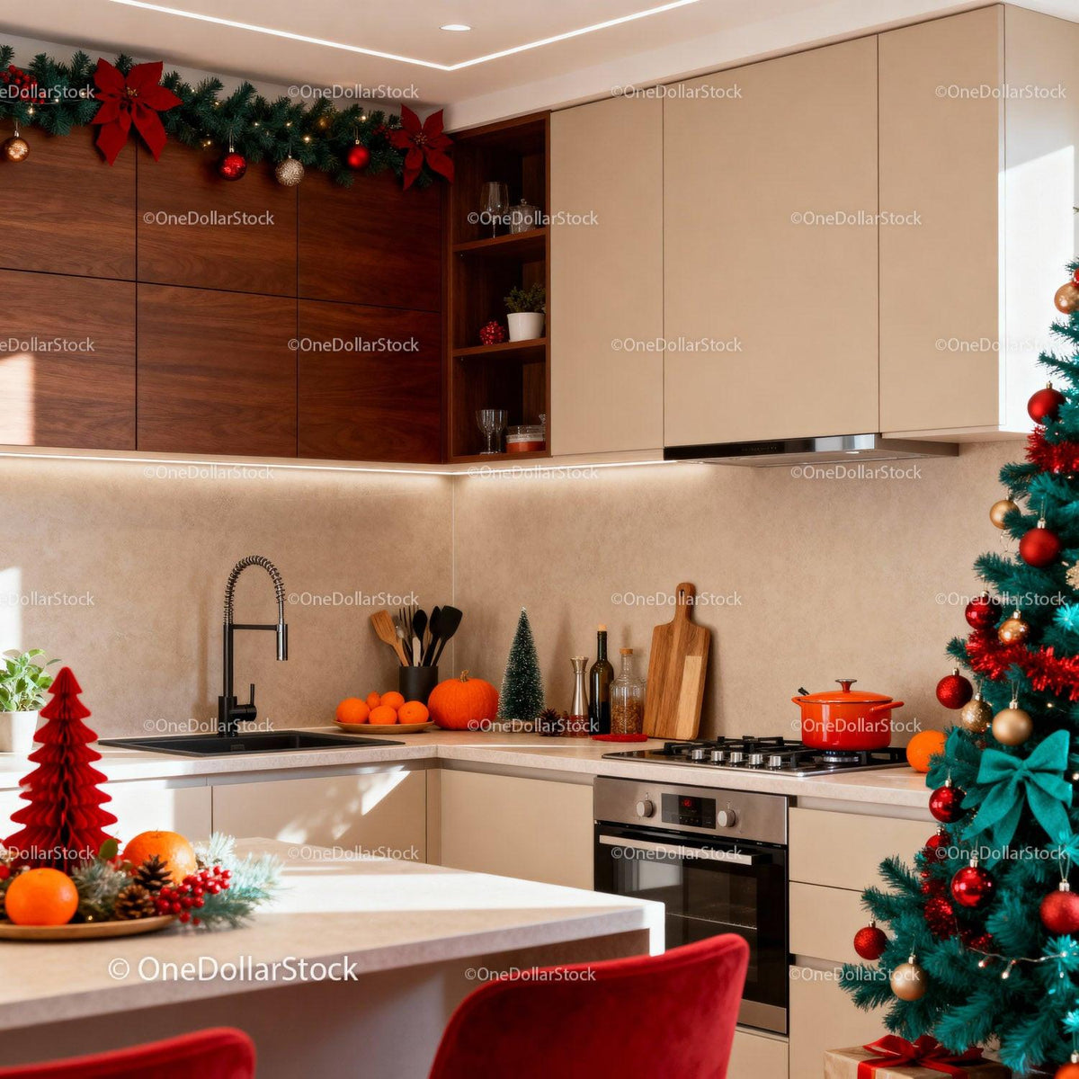 Modern kitchen decorated for cozy Christmas celebration