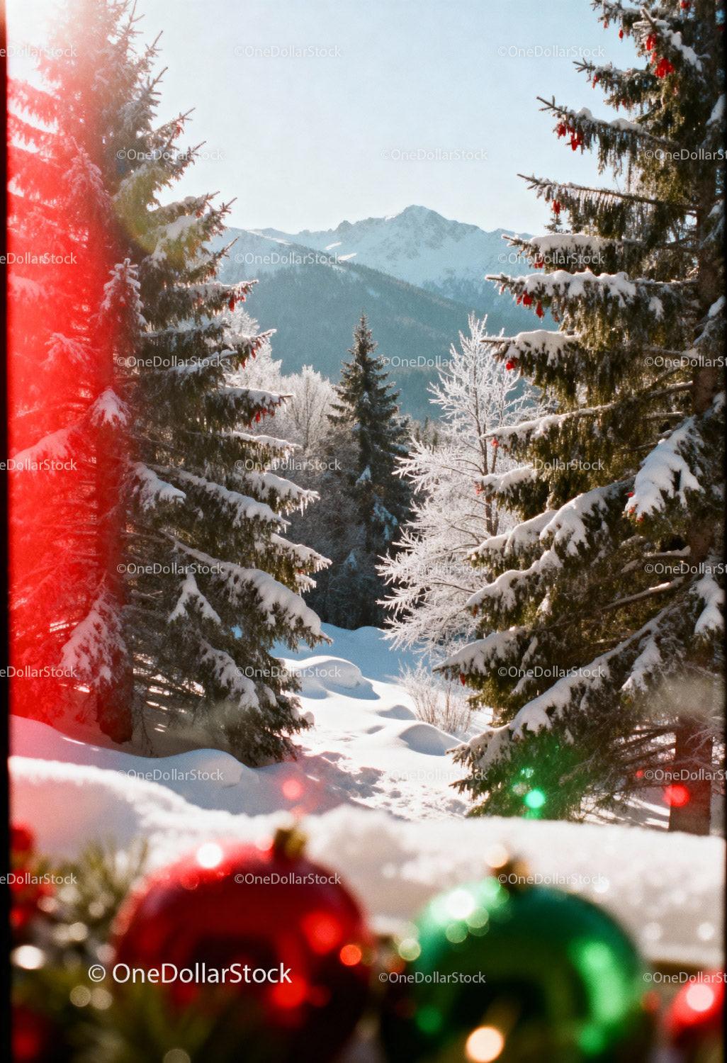 Snowy Mountain Forest with Festive Holiday Decorations