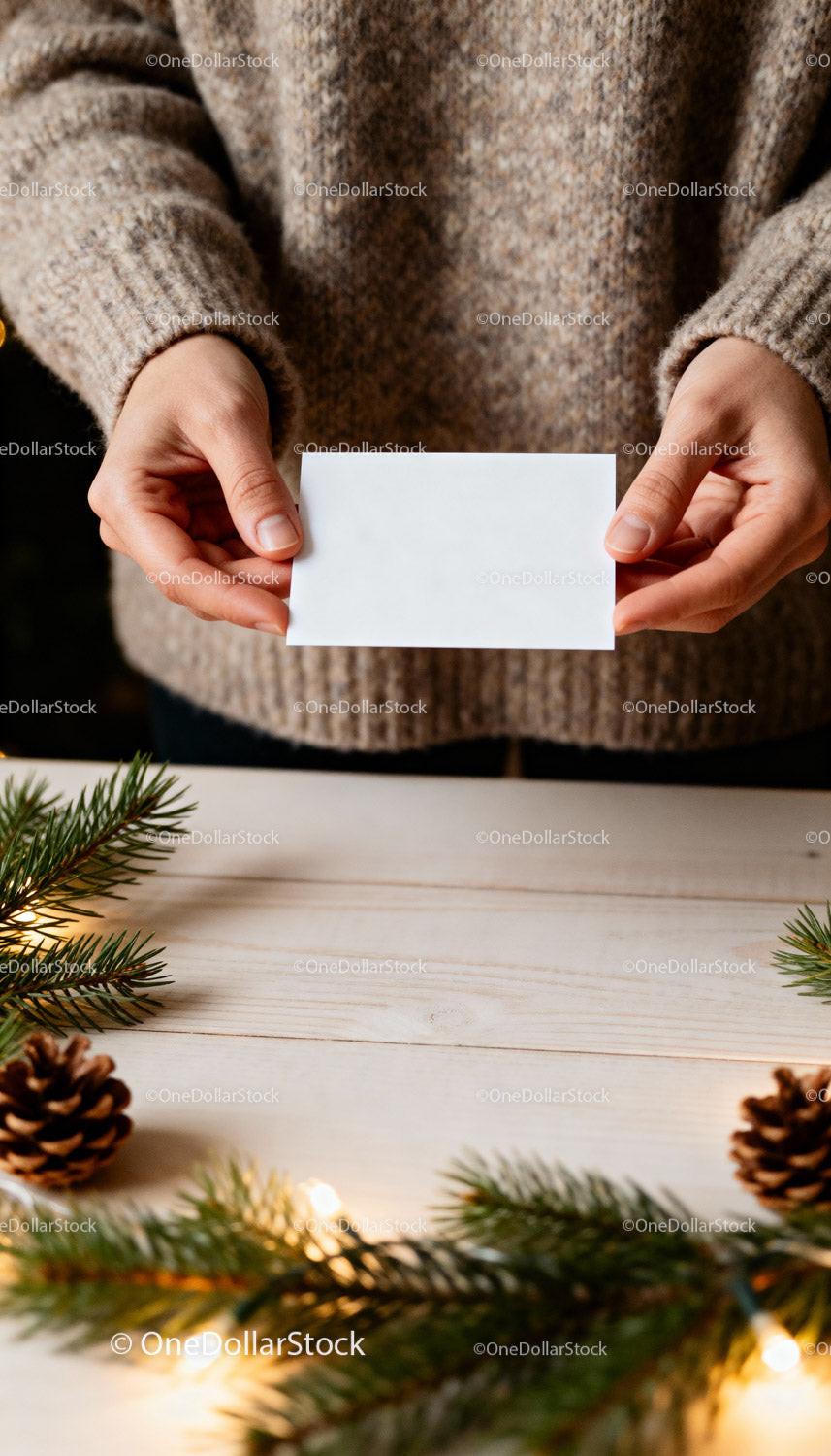 Person Holding Blank Card Over Cozy Winter Decor Table JPG Mockup Image preview