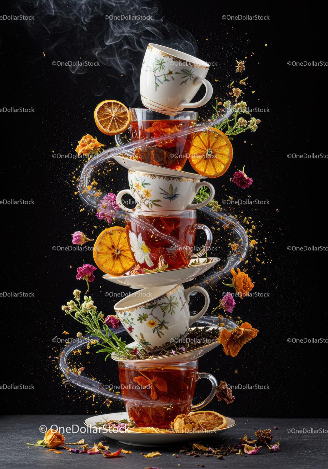 Stacked tea cups with swirling steam and dried fruits