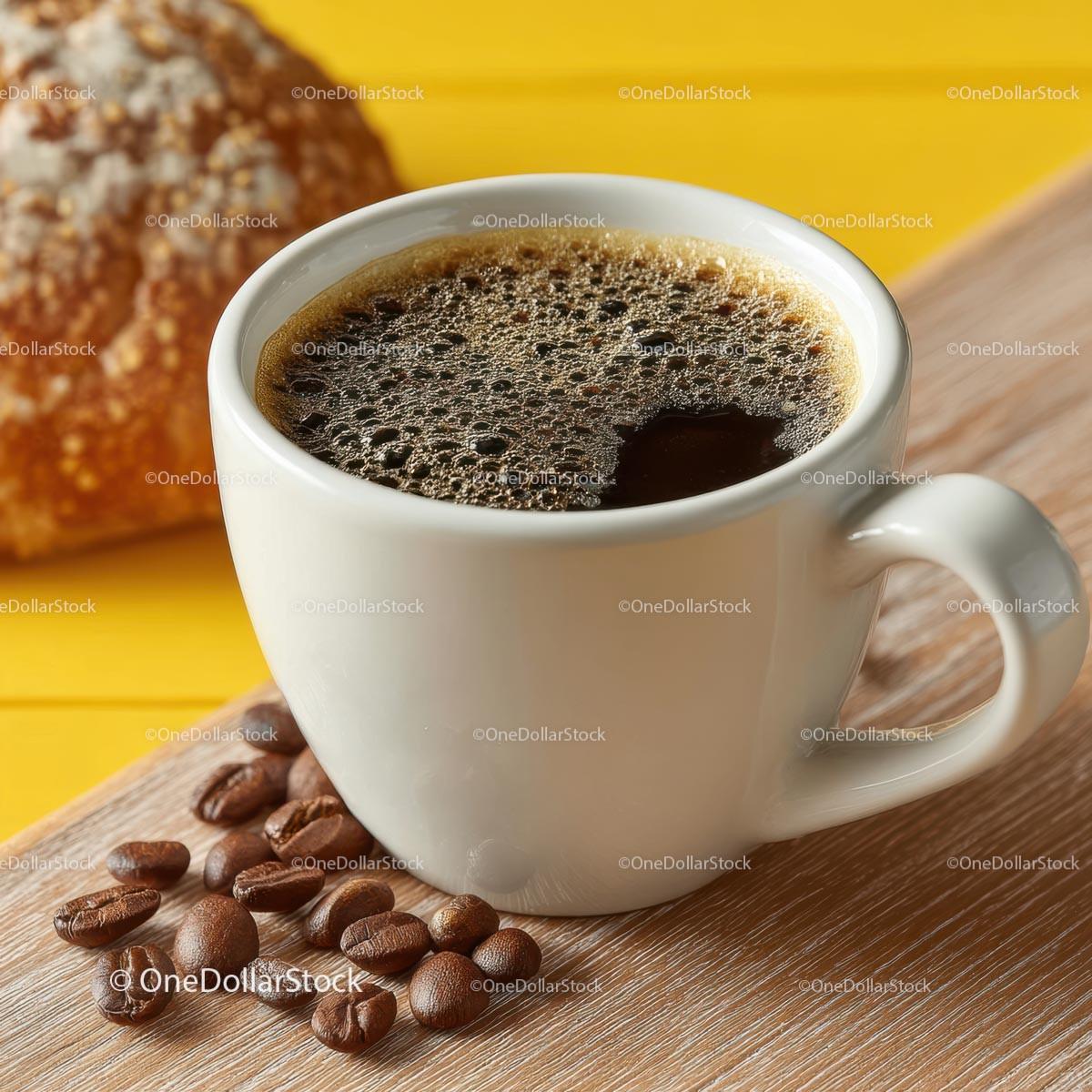 Delicious Black Coffee in White Cup with Coffee Beans and Bread