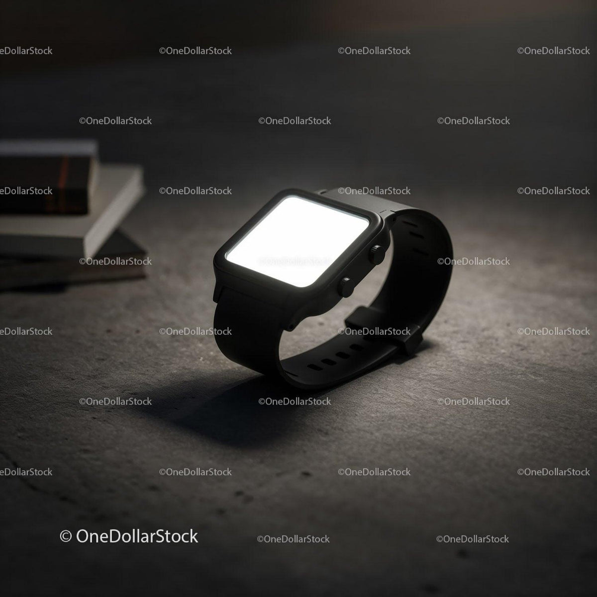 Minimalistic black smartwatch glowing on concrete surface JPG Mockup Image preview