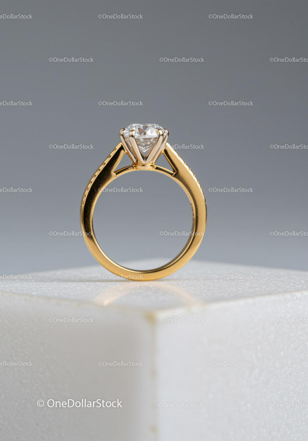 Elegant Gold Engagement Ring with Sparkling Diamond on White Surface