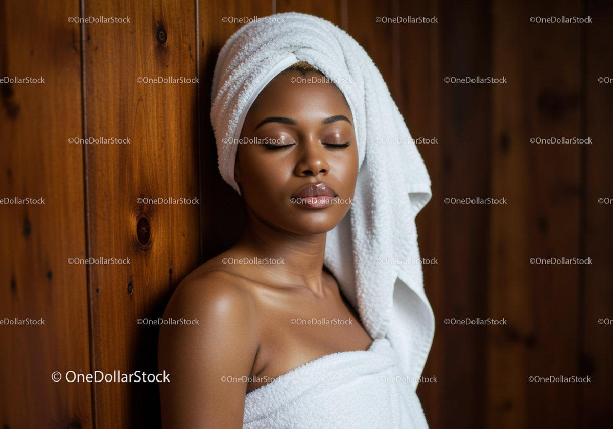 Relaxed Woman with Towel and Spa Robe near Wooden Wall in Wellness Center