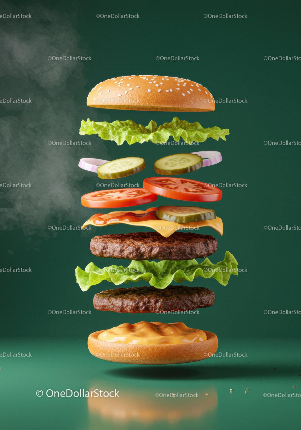 Layered cheeseburger ingredients floating on green background
