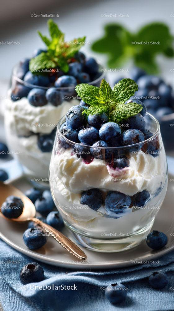 stock photo bundle made with Berry Cheesecake in Glass Cup with Fresh Mint and Blueberries Stock Photo Bundle
