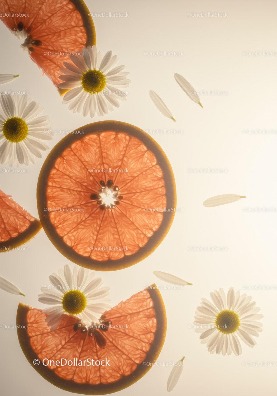 Fresh grapefruit slices with white daisy flowers composition