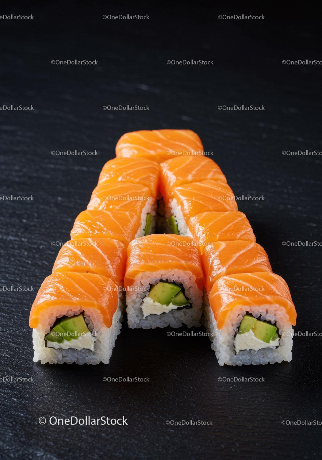 Fresh salmon avocado sushi rolls on black slate