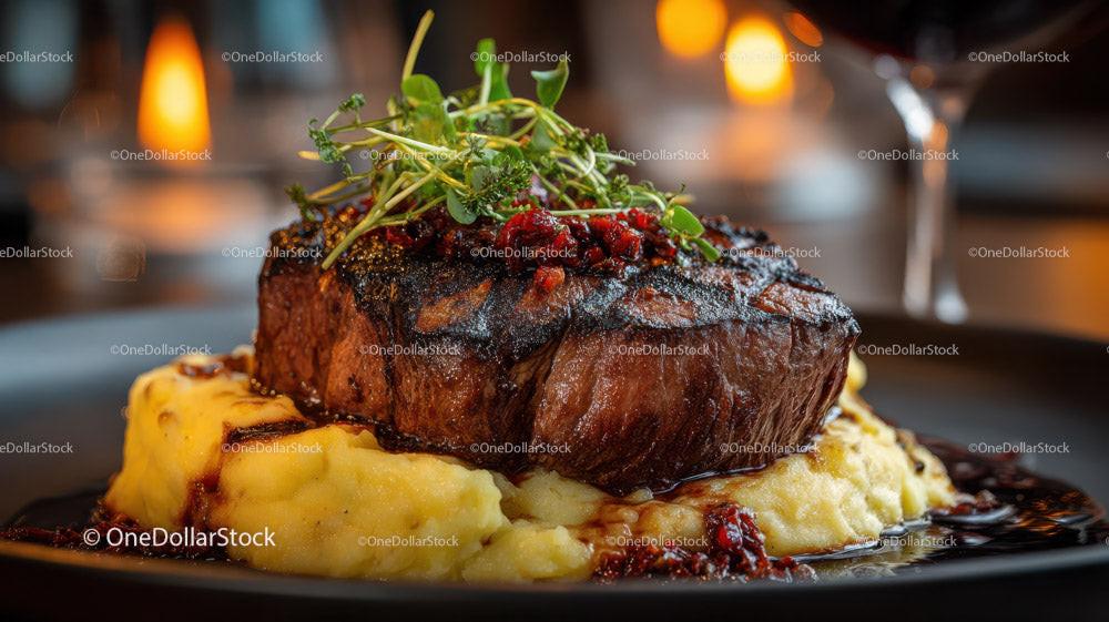 Gourmet Beef Steak with Mashed Potatoes and Microgreens