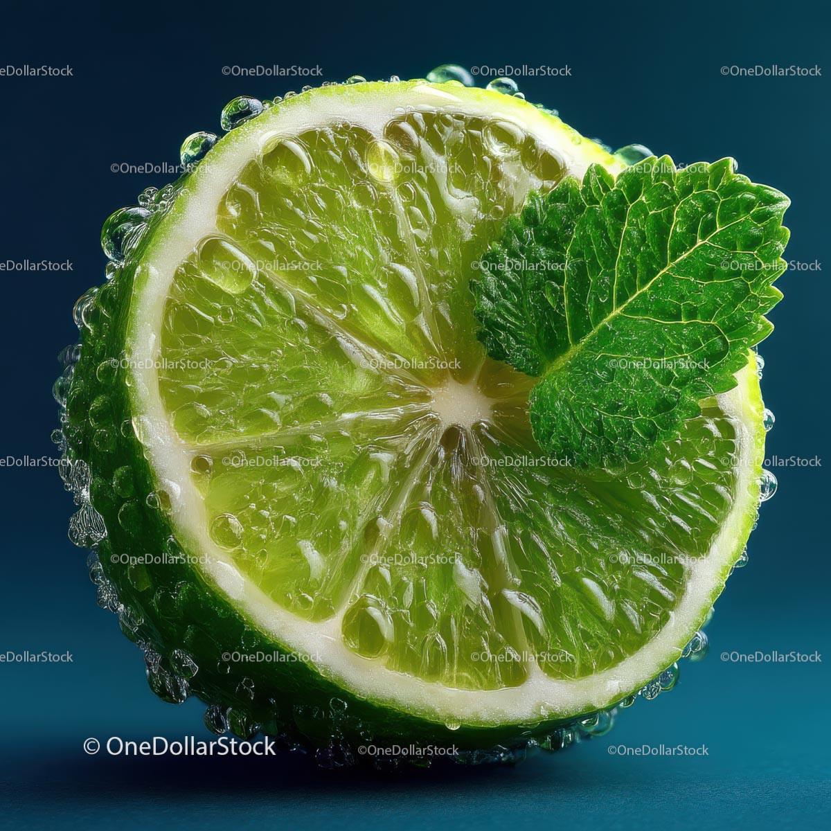 Close-Up of Fresh Lime with Mint Leaf and Water Droplets Stock Photo Bundle preview