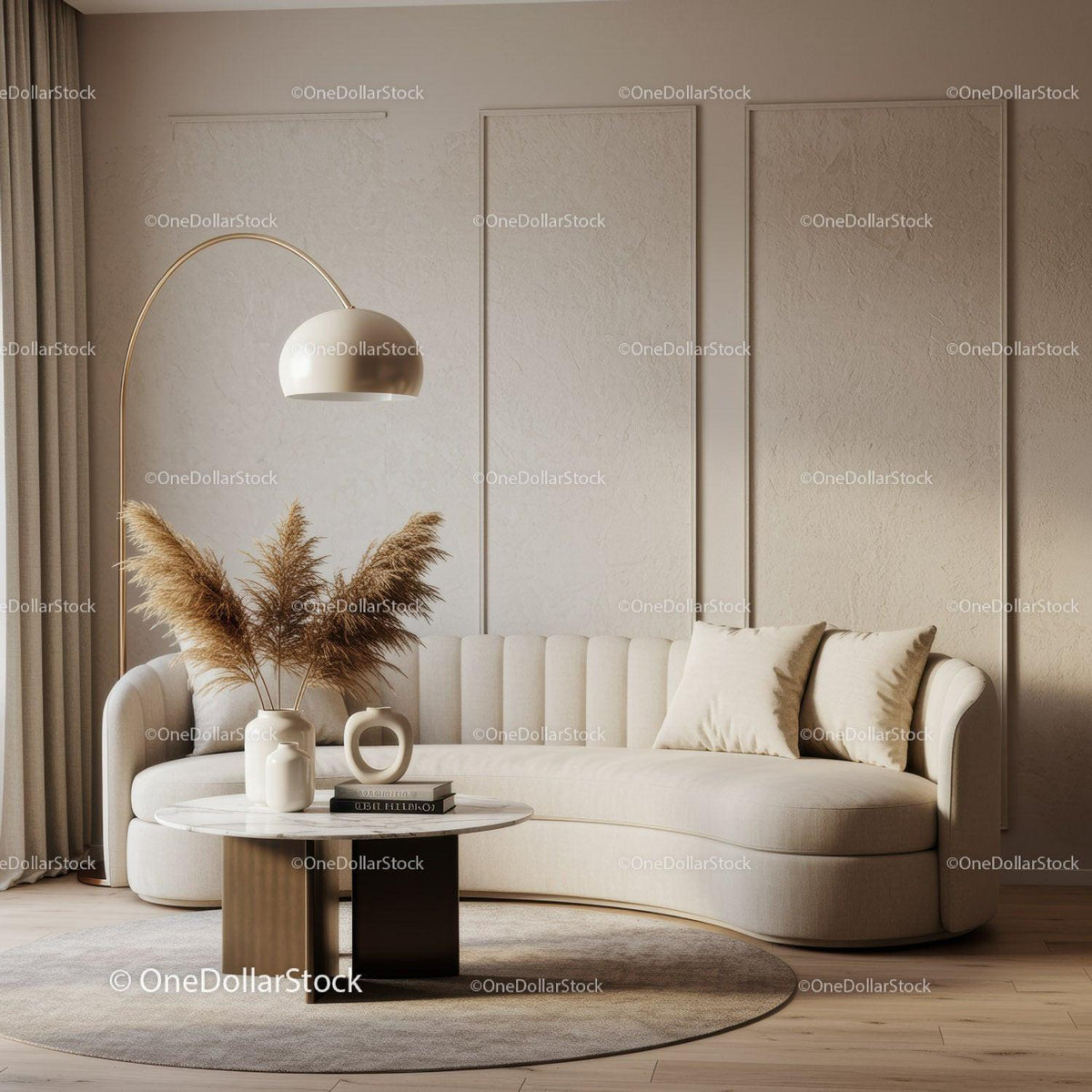 Cozy beige living room with modern curved sofa and decor