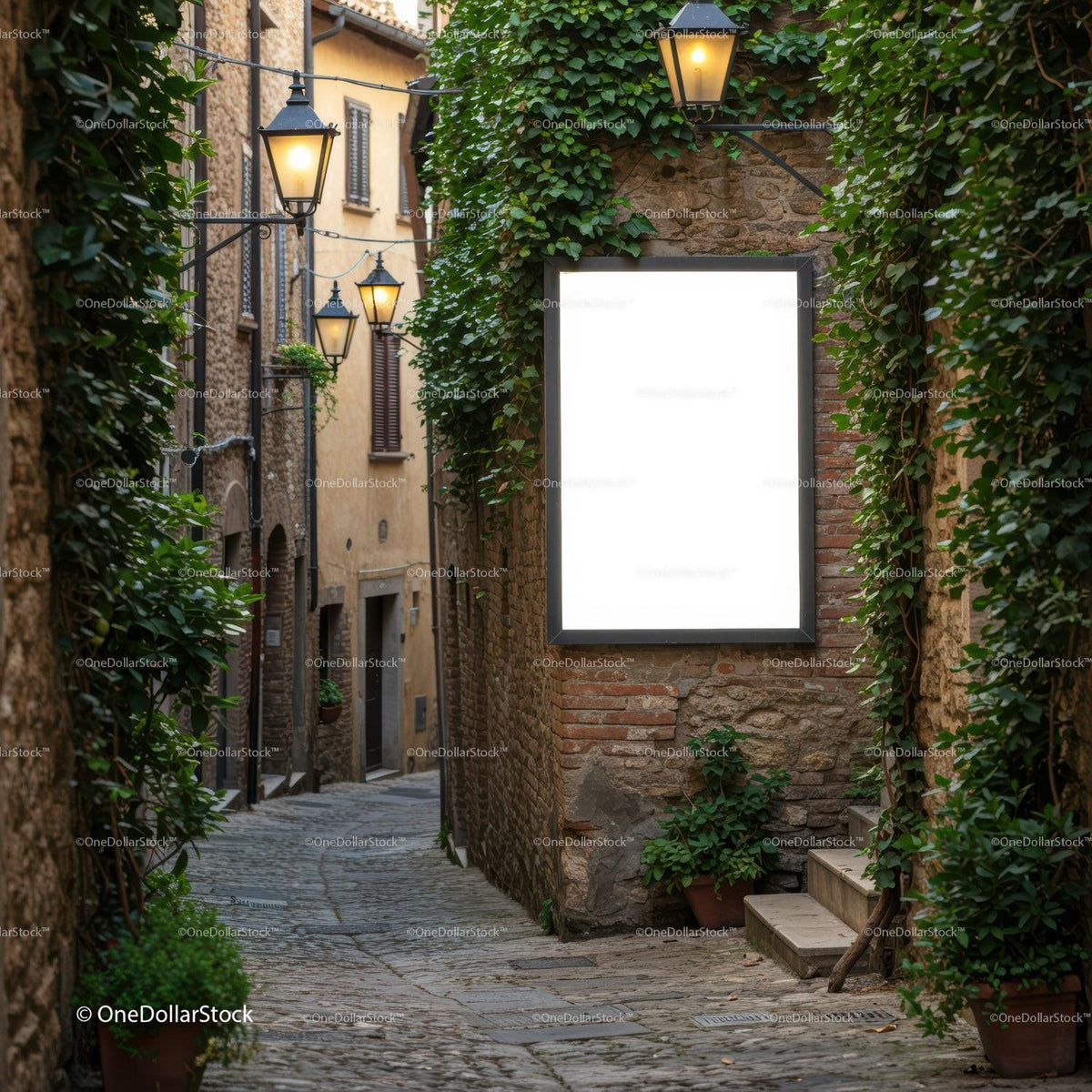 Charming Narrow Alleyway with Ivy and Lanterns JPG Mockup Image preview