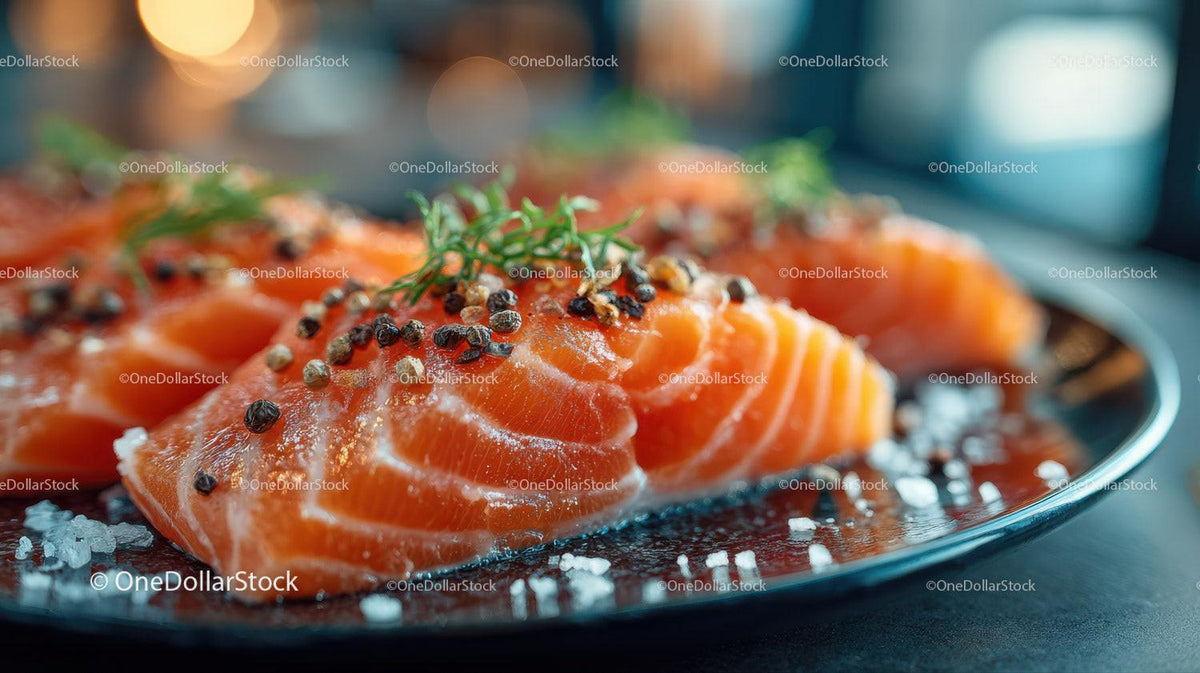 Fresh Sliced Smoked Salmon with Herbs and Sea Salt on Black Plate Stock Photo Bundle preview 33