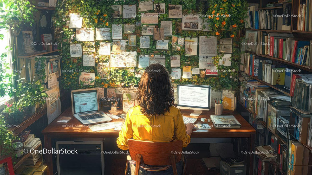 Person sitting at desk with laptops surrounded by notes, plants, and bookshelves