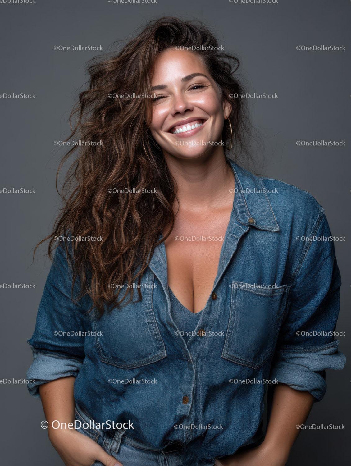 Smiling Woman with Wavy Hair in Denim Shirt Portrait