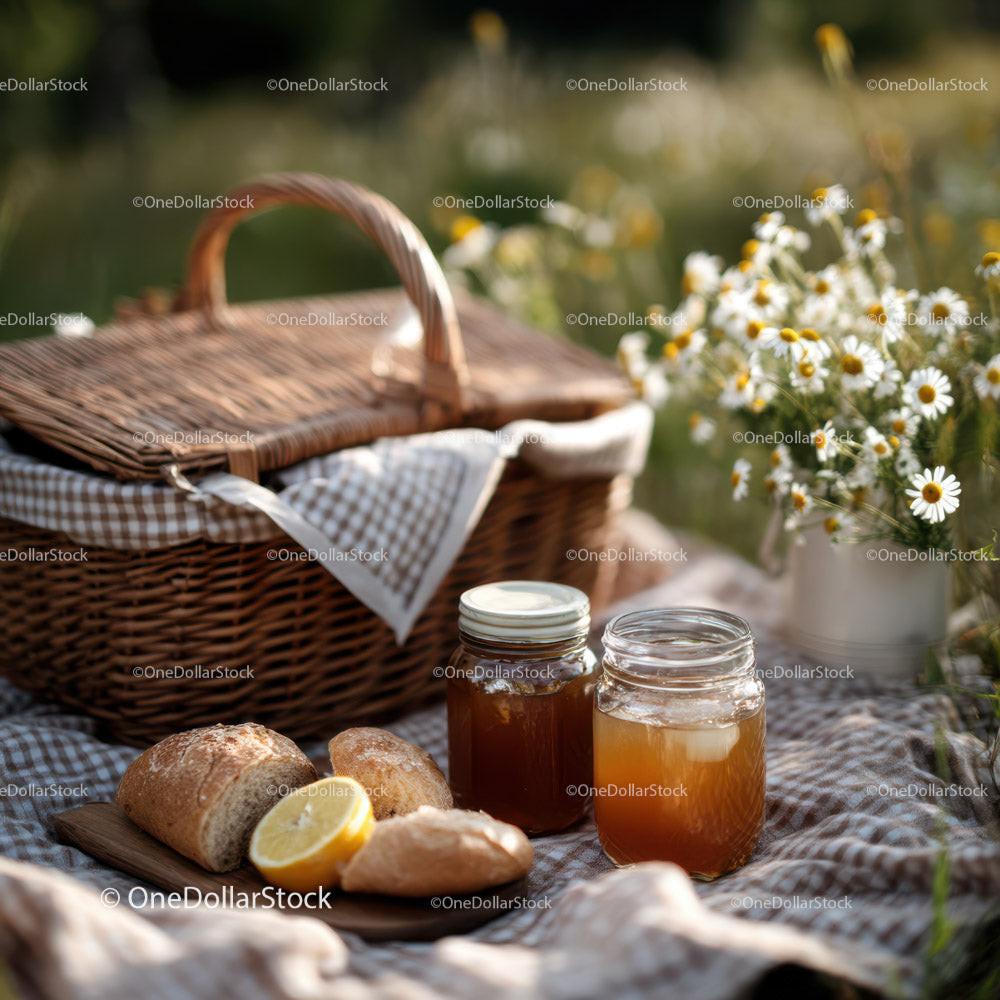 Outdoor Picnic with Fresh Baked Bread and Honey Jars in Sunlight Stock Photo Bundle preview 6