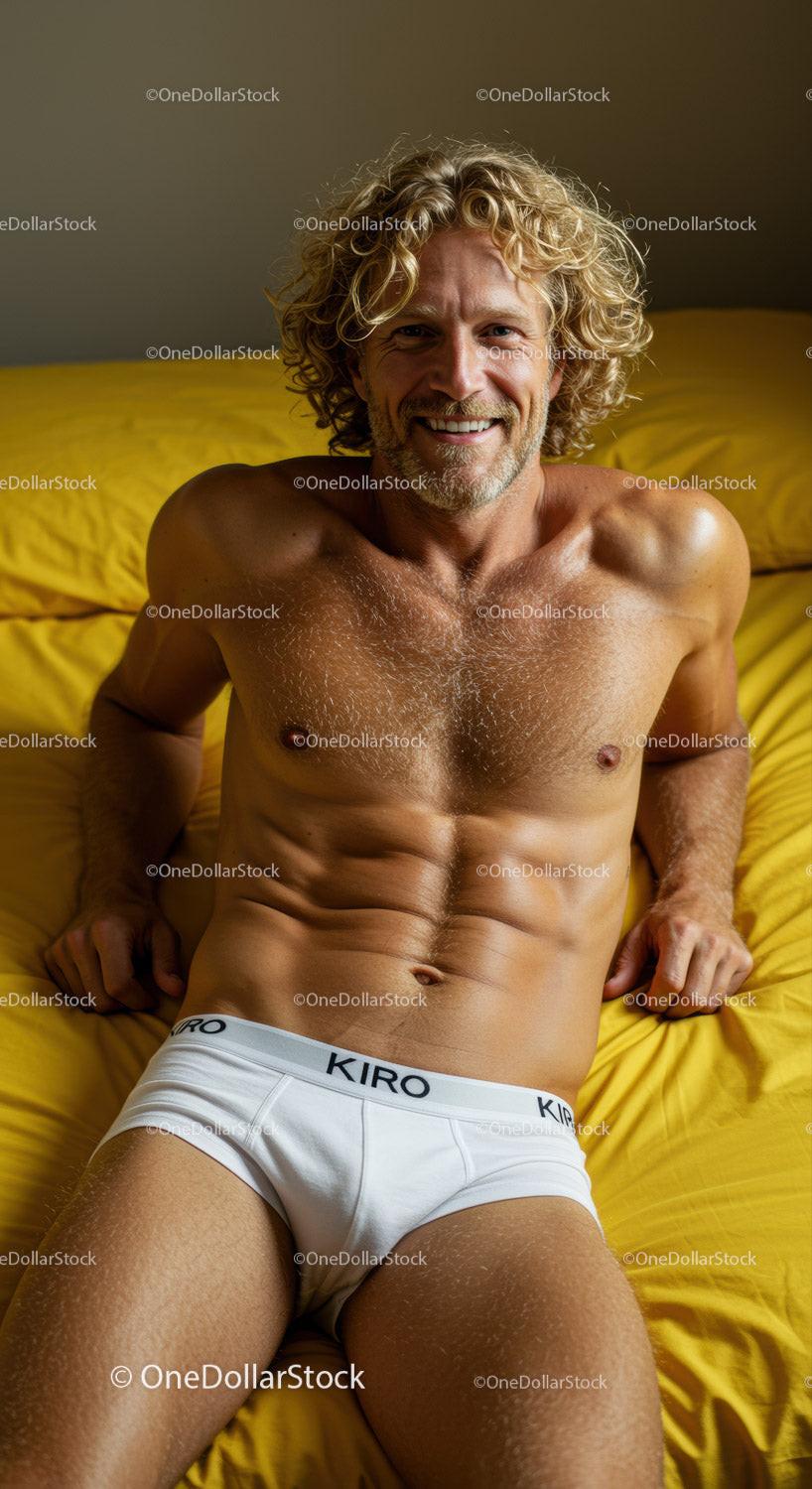 Smiling man relaxing on yellow bed in white underwear