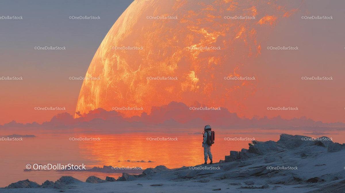 Astronaut Exploring a Surreal Alien Landscape with a Giant Orange Planet Stock Photo Bundle preview 22