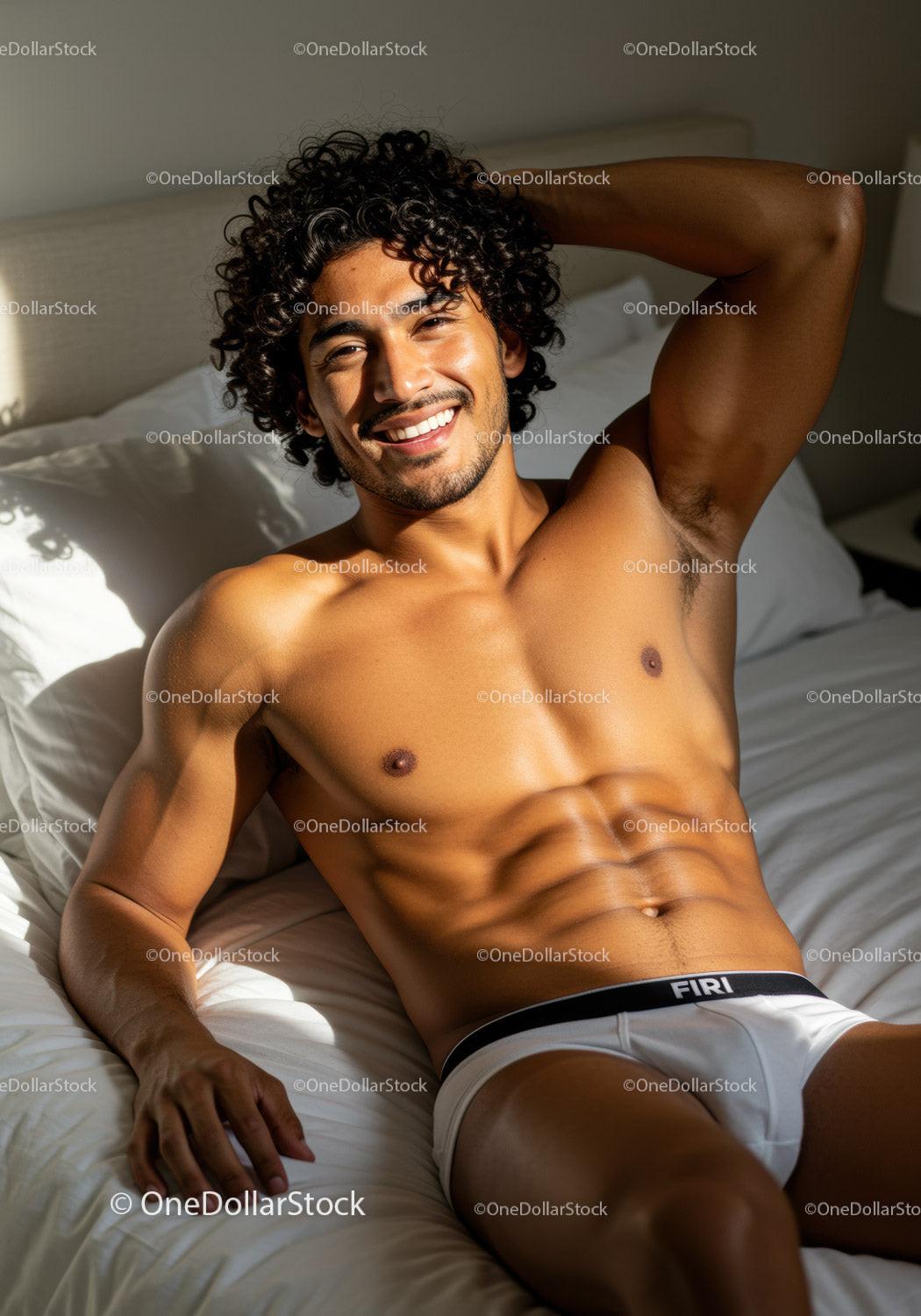 Smiling man relaxing shirtless on bed in natural light