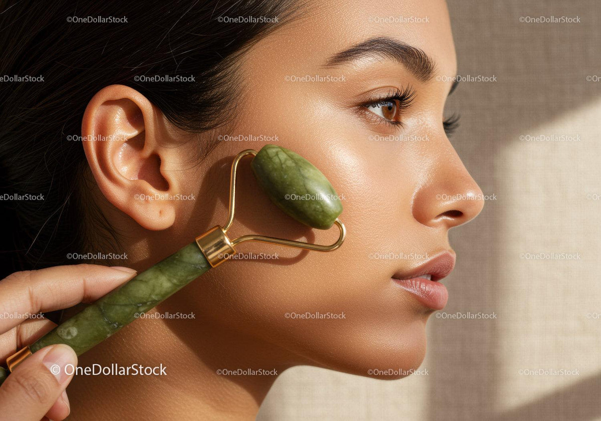Close-Up of Woman Using Jade Roller for Facial Skincare