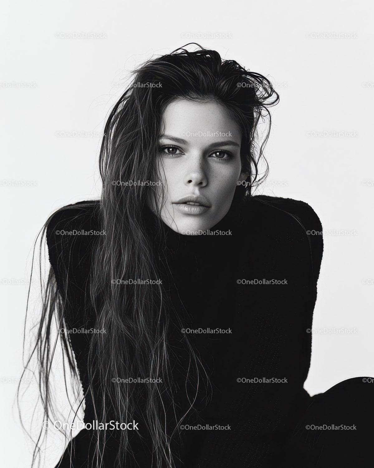 Black and White Portrait of a Confident Female Model with Long Hair
