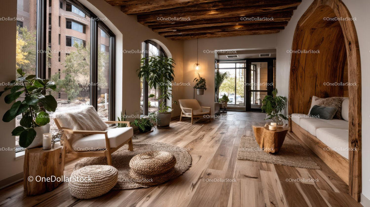 Modern Cozy Living Room with Wooden Ceiling Beams and Large Windows