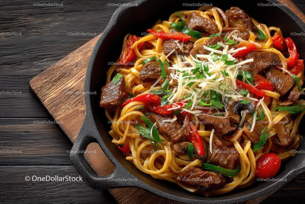 Beef and Mushroom Pasta in a Cast Iron Skillet with Cherry Tomatoes Stock Photo Bundle preview 7
