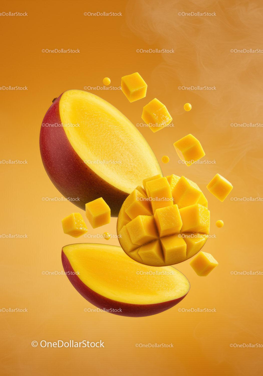 Fresh mango slices and cubes on vibrant background